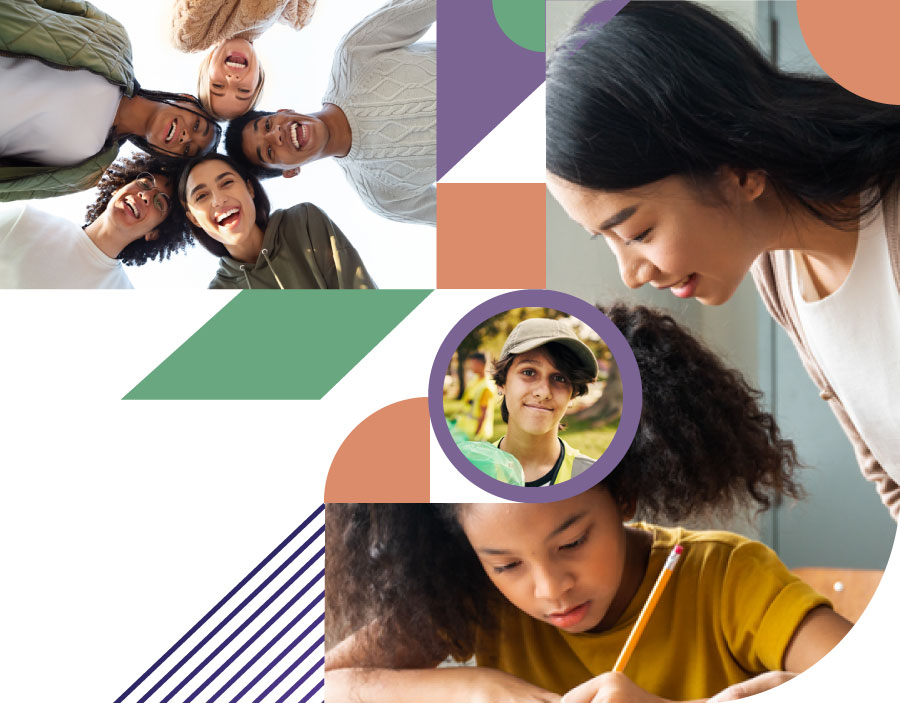 effective practices - collage of teens siling, educator helping pre teens and a teen volunteering