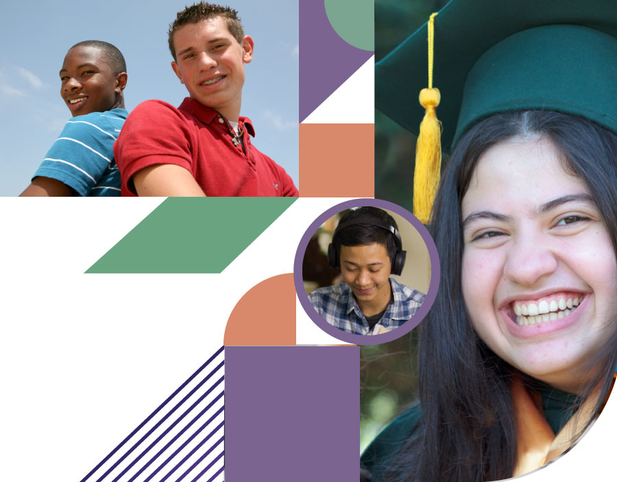 collage of high school teens, one is graduating, a couple of them look at the camera, another one is focused on homework